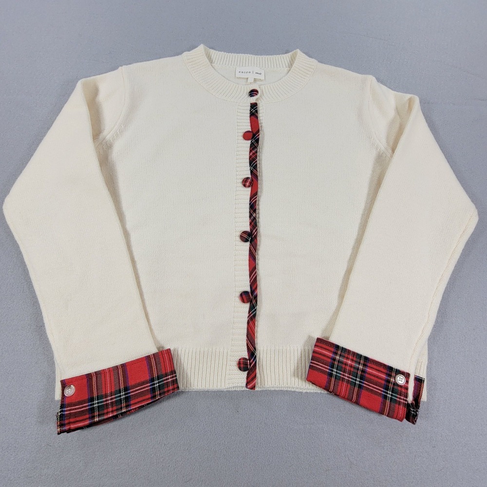 Entro Cardigan Sweater Tartan Plaid Trim Button Front Preppy Holiday Women's S - Picture 4 of 10